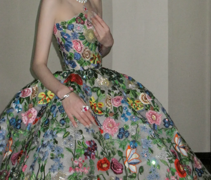 Fascinating Strapless Prom Dress Sequins Floral A-Line Evening Dress GG7829