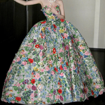 Fascinating Strapless Prom Dress Sequins Floral A-Line Evening Dress GG7829