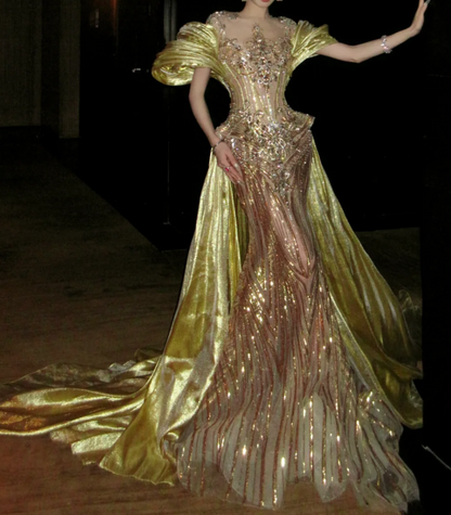 Glittering Illusion Neck Prom Dress Gold Crystals Beading Mermaid Evening Dress GG7830