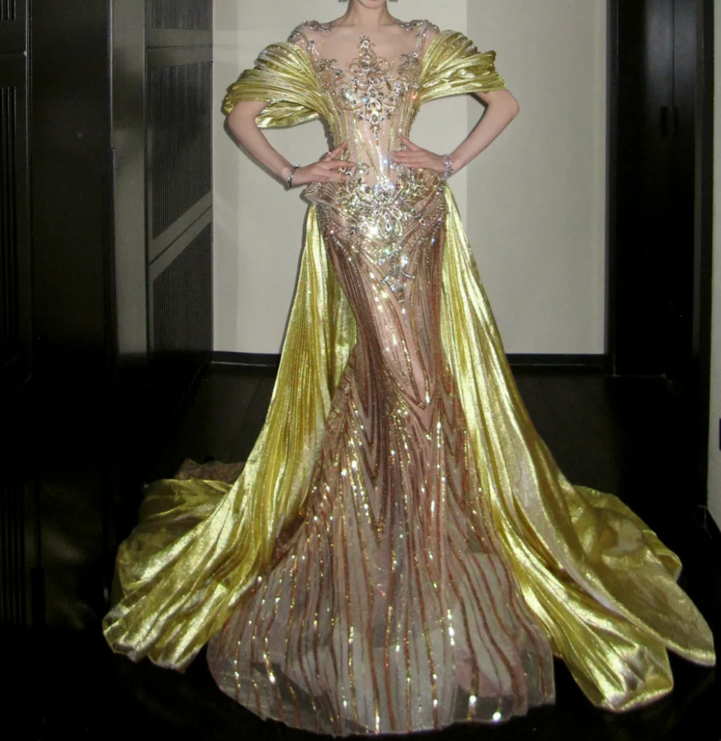 Glittering Illusion Neck Prom Dress Gold Crystals Beading Mermaid Evening Dress GG7830