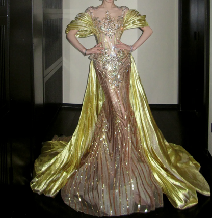 Glittering Illusion Neck Prom Dress Gold Crystals Beading Mermaid Evening Dress GG7830
