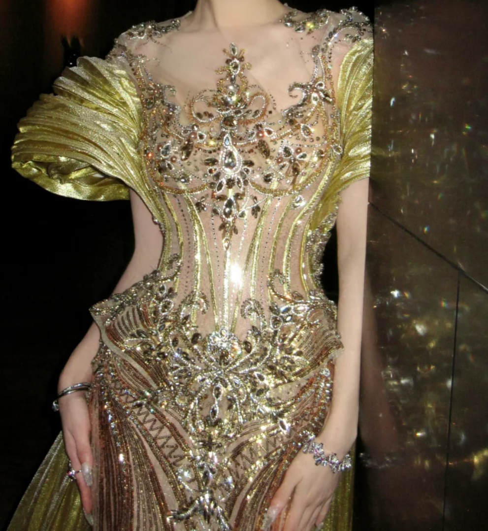 Glittering Illusion Neck Prom Dress Gold Crystals Beading Mermaid Evening Dress GG7830
