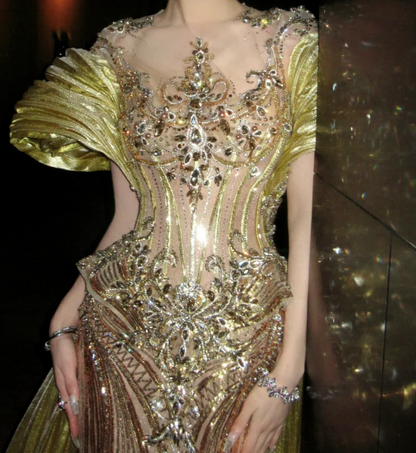 Glittering Illusion Neck Prom Dress Gold Crystals Beading Mermaid Evening Dress GG7830