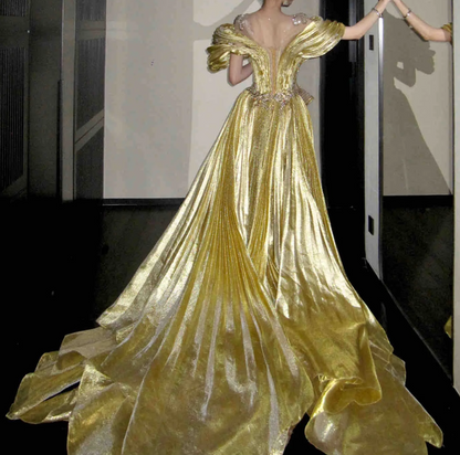 Glittering Illusion Neck Prom Dress Gold Crystals Beading Mermaid Evening Dress GG7830