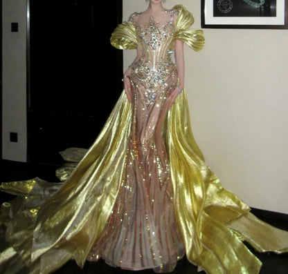 Glittering Illusion Neck Prom Dress Gold Crystals Beading Mermaid Evening Dress GG7830