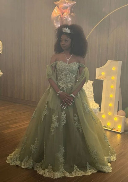 Enchanting Off The Shoulder Prom Dress Green Appliques A-Line Evening Dress GG7834