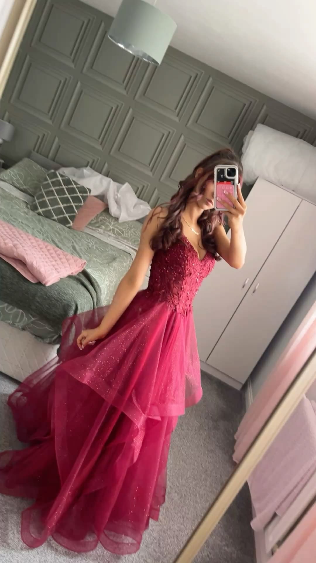 Glam Spaghetti Straps A-Line Prom Dress Hot Pink Ruffles Sequins A-Line Evening Dress GG7835