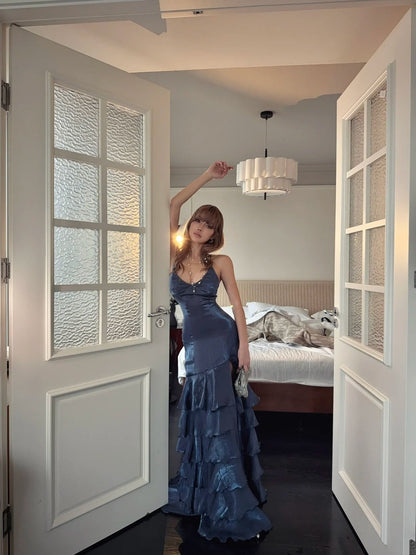 Vintage Spaghetti Straps Tiered Prom Dress Dark Blue Ruffles Slit Mermaid Evening Dress GG7839