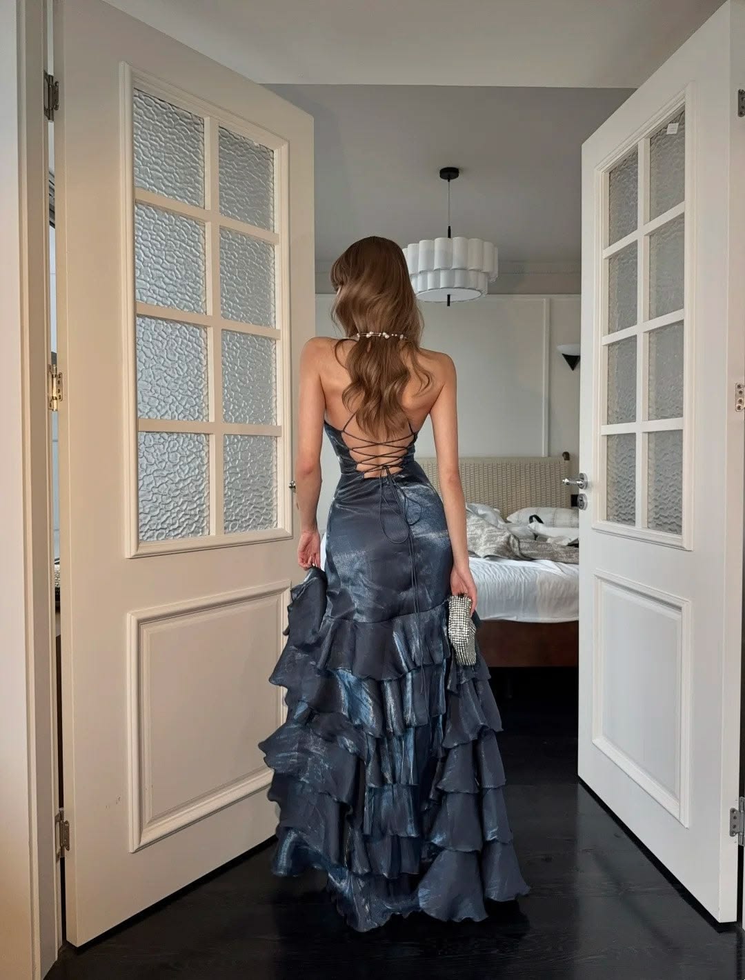 Vintage Spaghetti Straps Tiered Prom Dress Dark Blue Ruffles Slit Mermaid Evening Dress GG7839