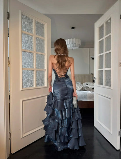 Vintage Spaghetti Straps Tiered Prom Dress Dark Blue Ruffles Slit Mermaid Evening Dress GG7839