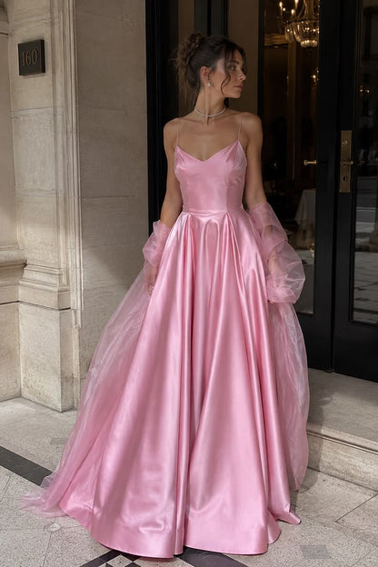 Trendy Spaghetti Straps Prom Dress Pink Satin A-Line Evening Dress GG7840