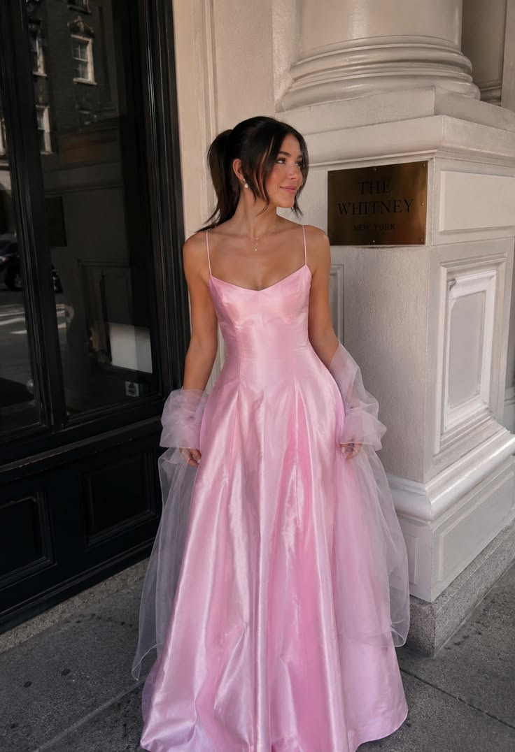 Trendy Spaghetti Straps Prom Dress Pink Satin A-Line Evening Dress GG7840