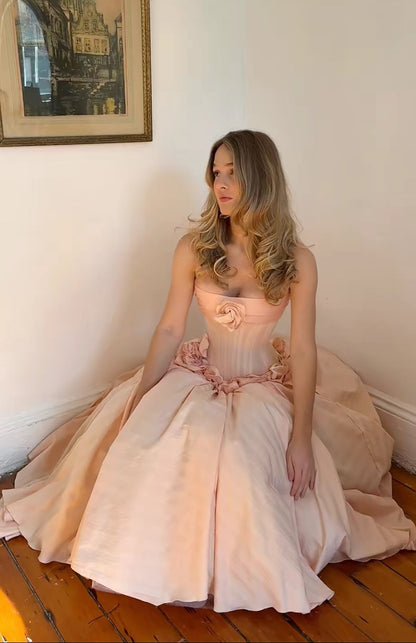 Lovely Strapless Apricot Prom Dress Flowers Mermaid Evening Dress GG7841