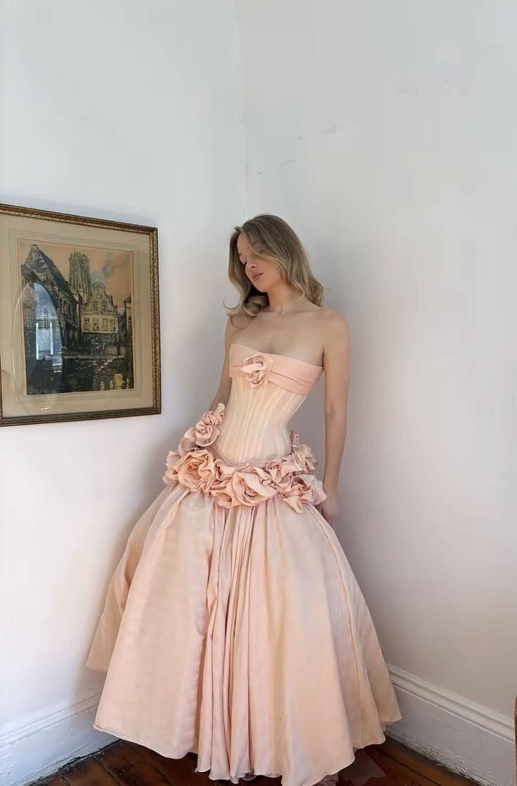 Lovely Strapless Apricot Prom Dress Flowers Mermaid Evening Dress GG7841
