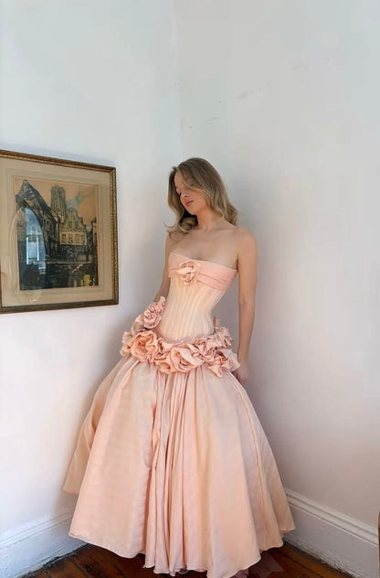 Lovely Strapless Apricot Prom Dress Flowers Mermaid Evening Dress GG7841