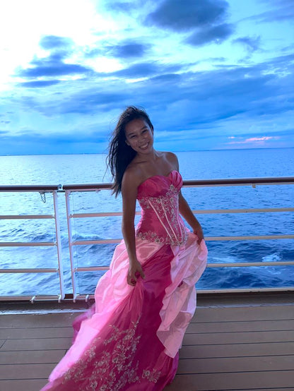 Romantic Strapless Pink Prom Dress Sequins Floral A-Line Evening Dress GG7843