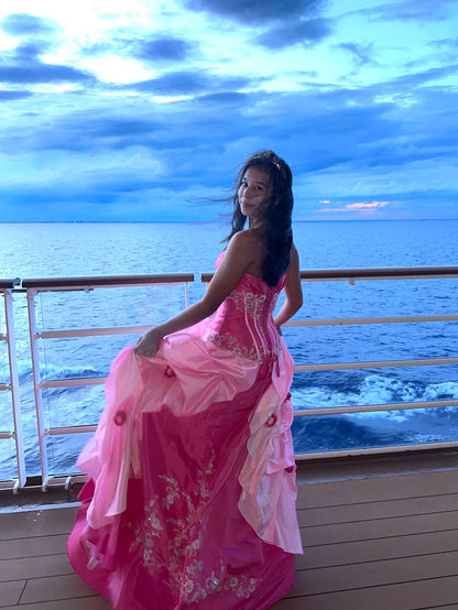 Romantic Strapless Pink Prom Dress Sequins Floral A-Line Evening Dress GG7843
