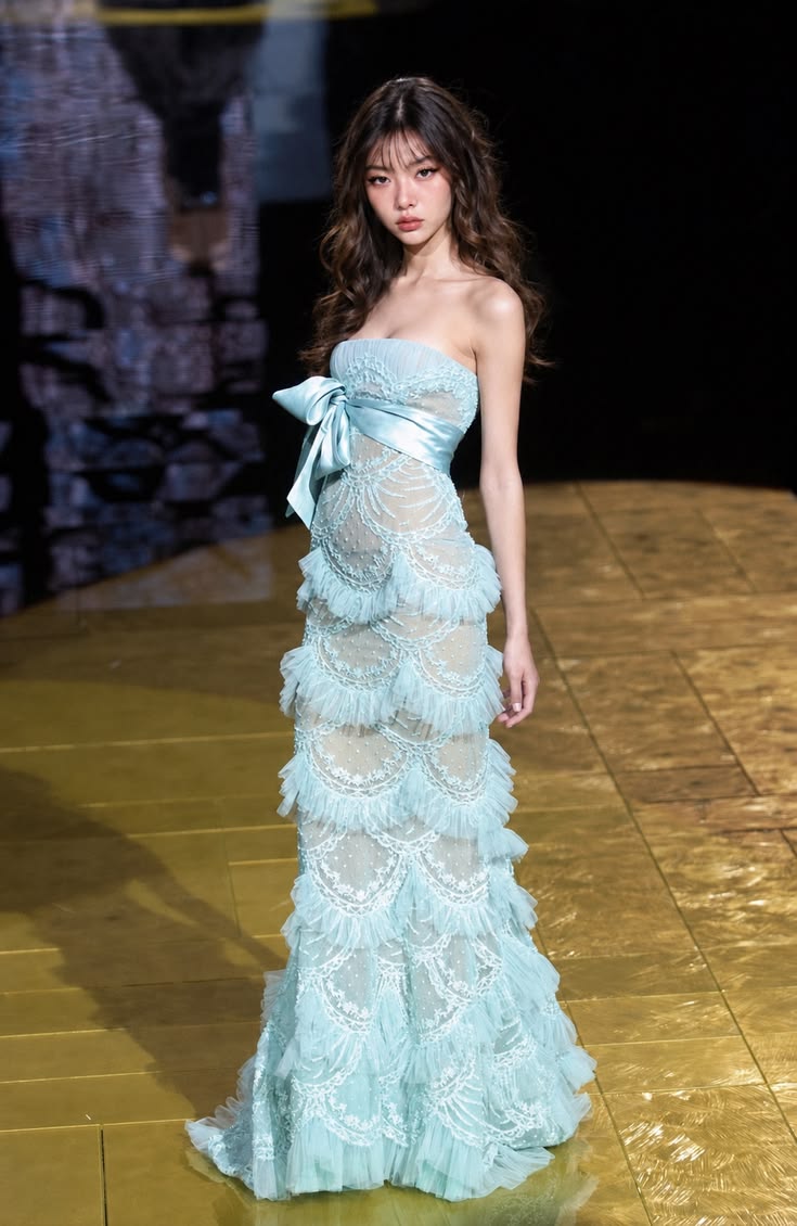 Glamorous Strapless Green Prom Dress Bow Ruffles Tulle Mermaid Evening Dress GG7844