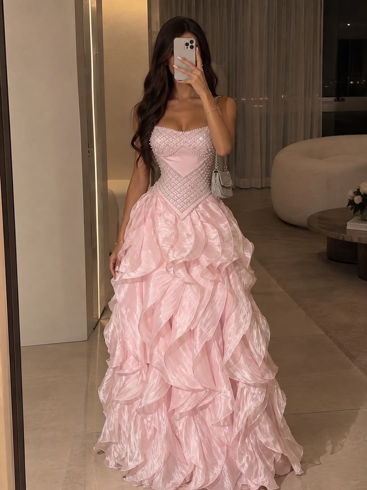 Romantic Strapless Pink Prom Dress Sequins Ruffles A-Line Evening Dress GG7845