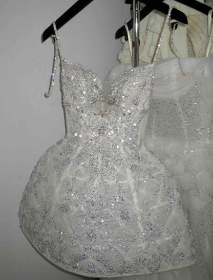 Shiny Spaghetti Straps Homecoming Dress White Sequins Beaded A-Line Birthday Dress GG7848