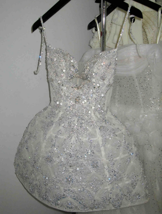 Shiny Spaghetti Straps Homecoming Dress White Sequins Beaded A-Line Birthday Dress GG7848