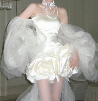 Fascinating Strapless Homecoming Dress White Satin Floral A-Line Birthday Dress GG7849