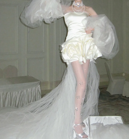 Fascinating Strapless Homecoming Dress White Satin Floral A-Line Birthday Dress GG7849