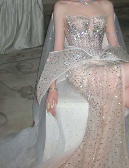 Classy Strapless Beige Prom Dress Beading Sequins Slit Mermaid Evening Dress GG7850