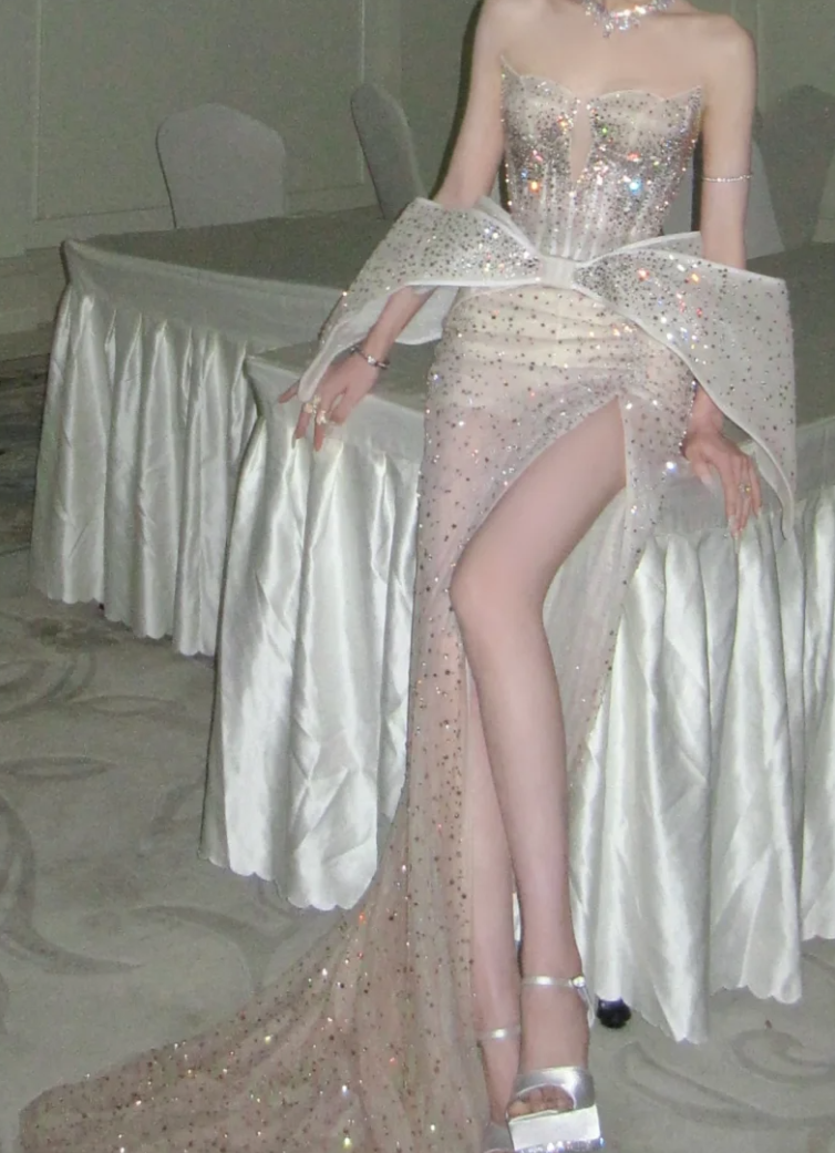Classy Strapless Beige Prom Dress Beading Sequins Slit Mermaid Evening Dress GG7850