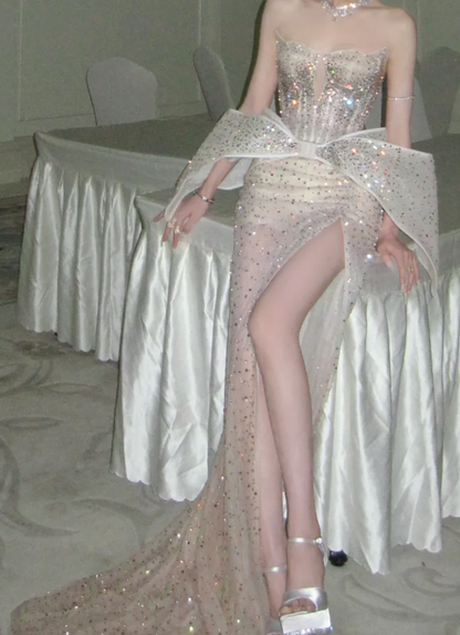 Classy Strapless Beige Prom Dress Beading Sequins Slit Mermaid Evening Dress GG7850