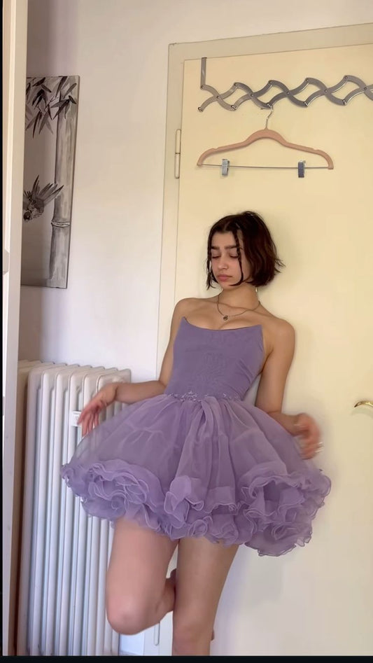 Chic Strapless Purple Homecoming Dress Ruffles Tulle A-Line Birthday Dress GG7874