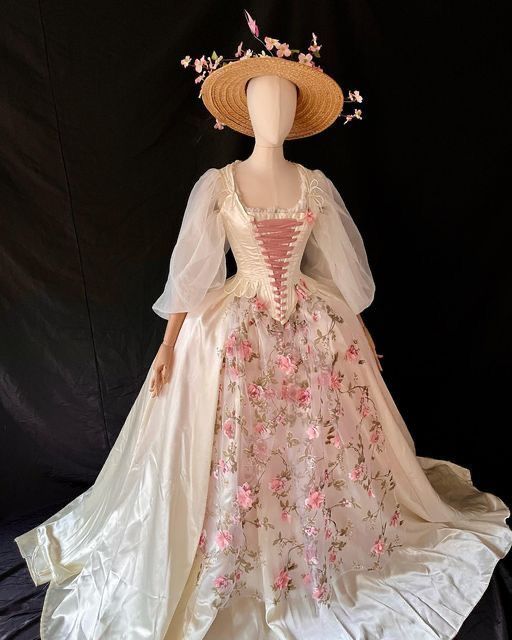 Vintage Square Neck Prom Dress Satin Long Sleeve Floral A-Line Evening Dress GG7875