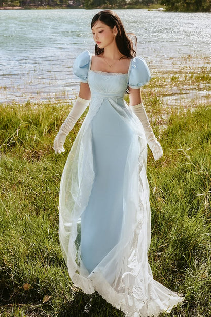 Ornate Square Neck Satin Prom Dress Short Sleeve Lace Tulle A-Line Evening Dress GG7878