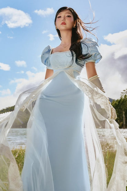 Ornate Square Neck Satin Prom Dress Short Sleeve Lace Tulle A-Line Evening Dress GG7878