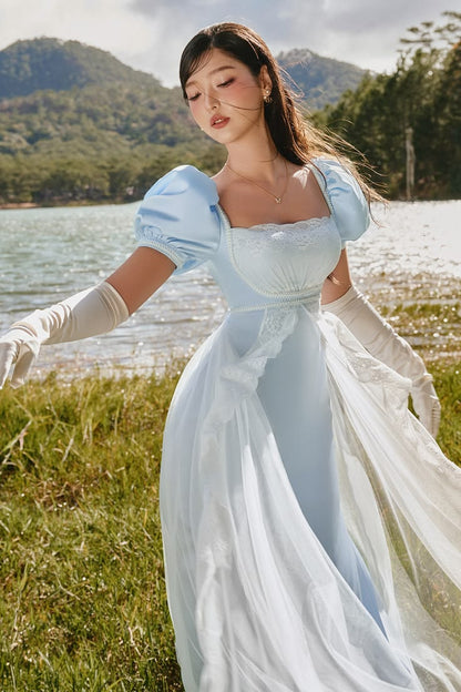 Ornate Square Neck Satin Prom Dress Short Sleeve Lace Tulle A-Line Evening Dress GG7878