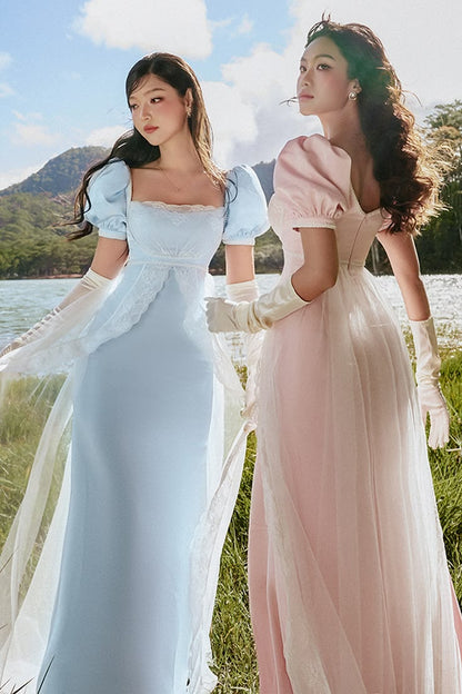 Ornate Square Neck Satin Prom Dress Short Sleeve Lace Tulle A-Line Evening Dress GG7878