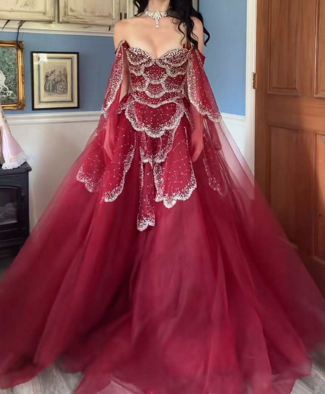 Glittering Off The Shoulder Prom Dress Sequins Tulle A-Line Evening Dress GG7879