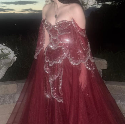 Glittering Off The Shoulder Prom Dress Sequins Tulle A-Line Evening Dress GG7879