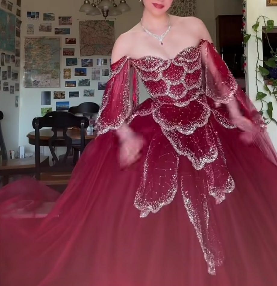 Glittering Off The Shoulder Prom Dress Sequins Tulle A-Line Evening Dress GG7879