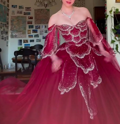 Glittering Off The Shoulder Prom Dress Sequins Tulle A-Line Evening Dress GG7879