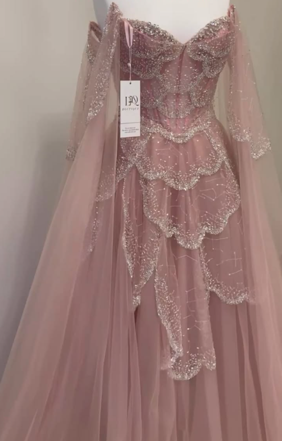 Glittering Off The Shoulder Prom Dress Sequins Tulle A-Line Evening Dress GG7879