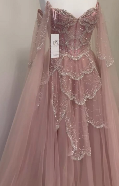 Glittering Off The Shoulder Prom Dress Sequins Tulle A-Line Evening Dress GG7879