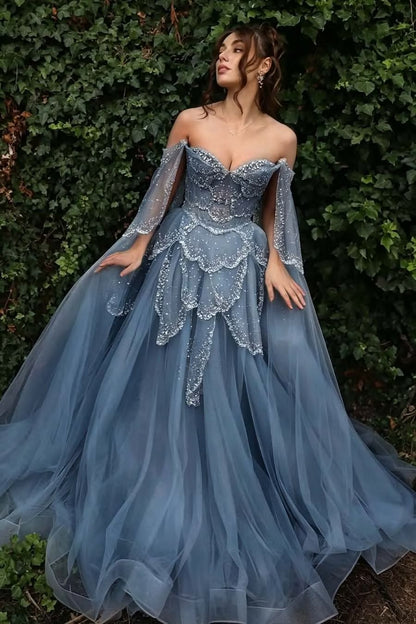Glittering Off The Shoulder Prom Dress Sequins Tulle A-Line Evening Dress GG7879
