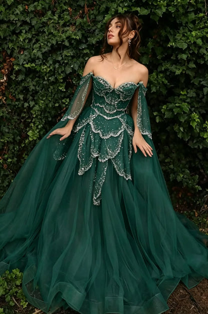 Glittering Off The Shoulder Prom Dress Sequins Tulle A-Line Evening Dress GG7879