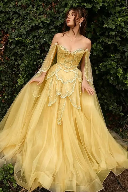 Glittering Off The Shoulder Prom Dress Sequins Tulle A-Line Evening Dress GG7879