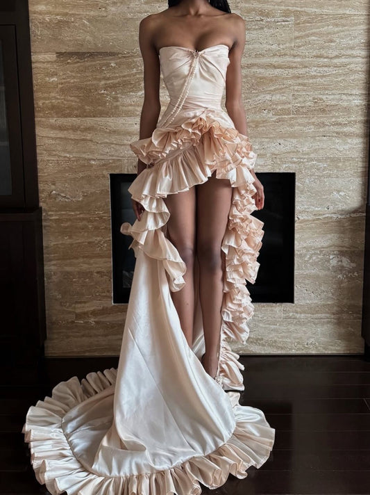 Glam Strapless Apricot Homecoming Dress Satin Beading Ruffles A-Line Birthday Dress GG7880
