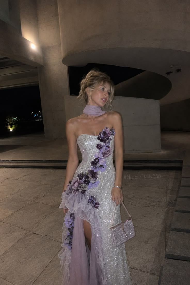 Charming Strapless Purple Prom Dress Flowers Ruffles Sequins Sheath Evening Dress GG7883