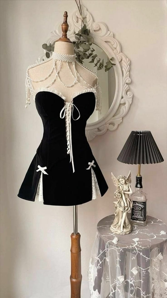 Cute Strapless Black Homecoming Dress Lace-Up Bows A-Line Birthday Dress GG7886