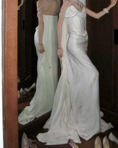 Romantic Strapless Wedding Dress White Satin Mermaid Bridal Dress GG7887