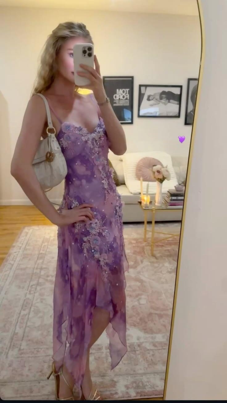 Alluring Spaghetti Straps Prom Dress Purple Beading Floral Sheath Evening Dress GG7893